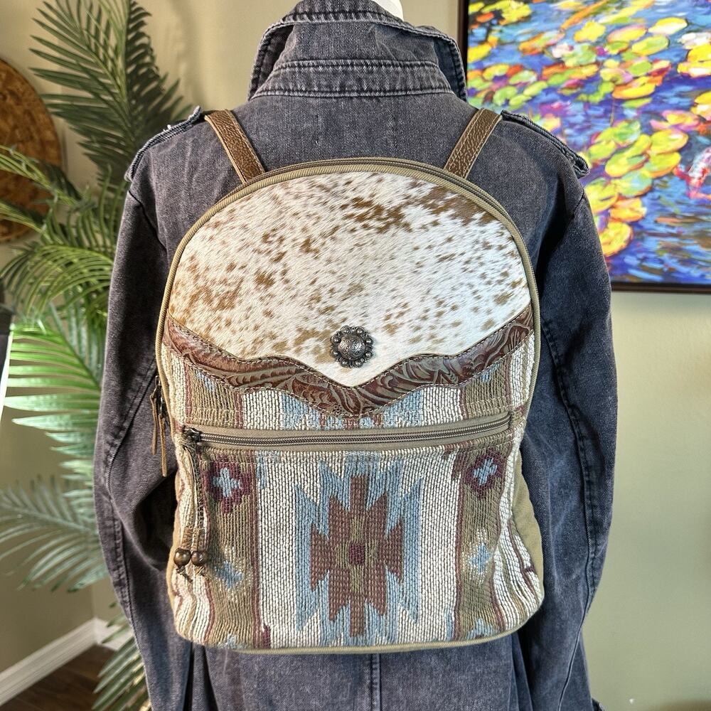 Myra Backpack Hair Hide Canvas weave tooled Leather Aztec Perfect Western